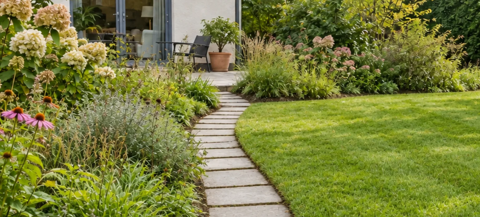 Gepflegter Garten mit gemähtem Rasen nach der Gartenpflege