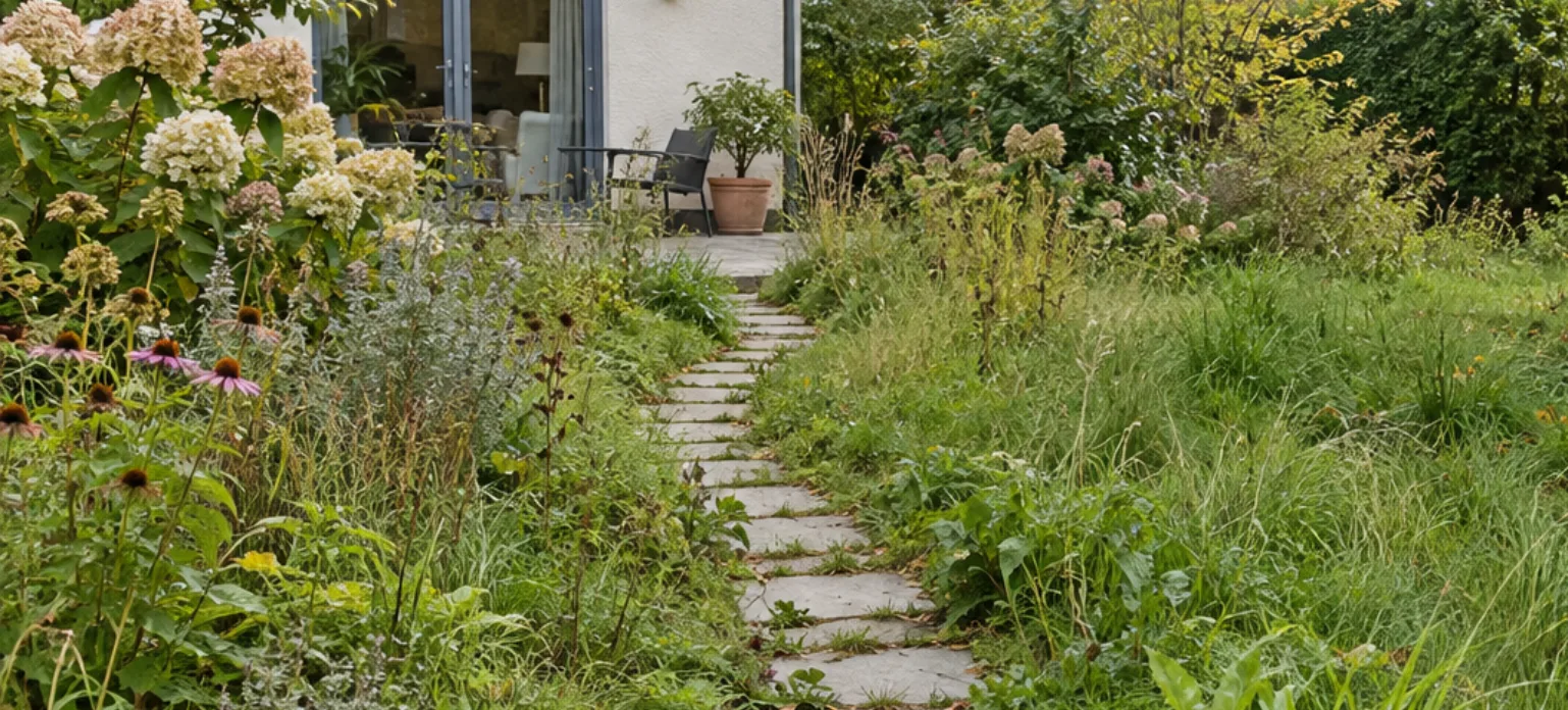 Verwilderter Garten mit hohem Gras vor der Gartenpflege