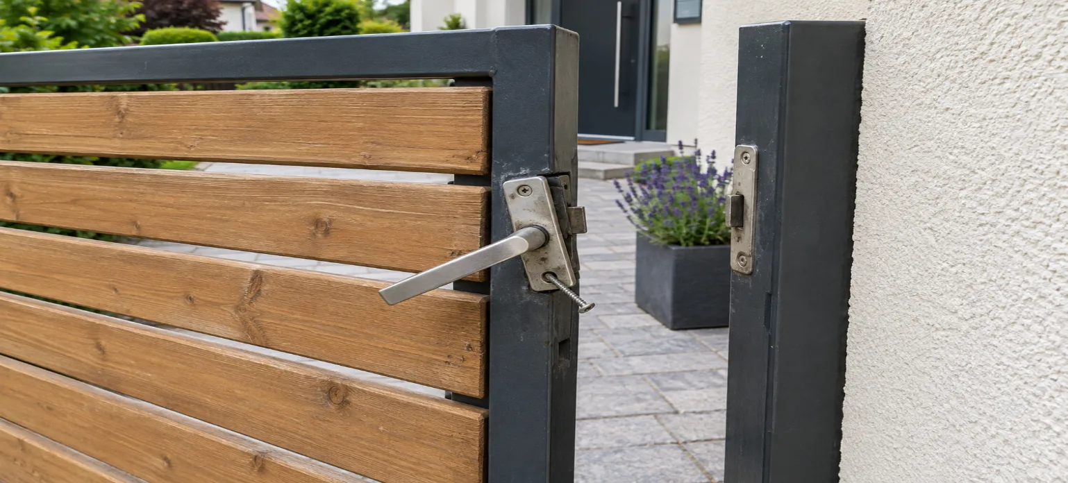 Defekter Griff am Gartentor vor der Reparatur