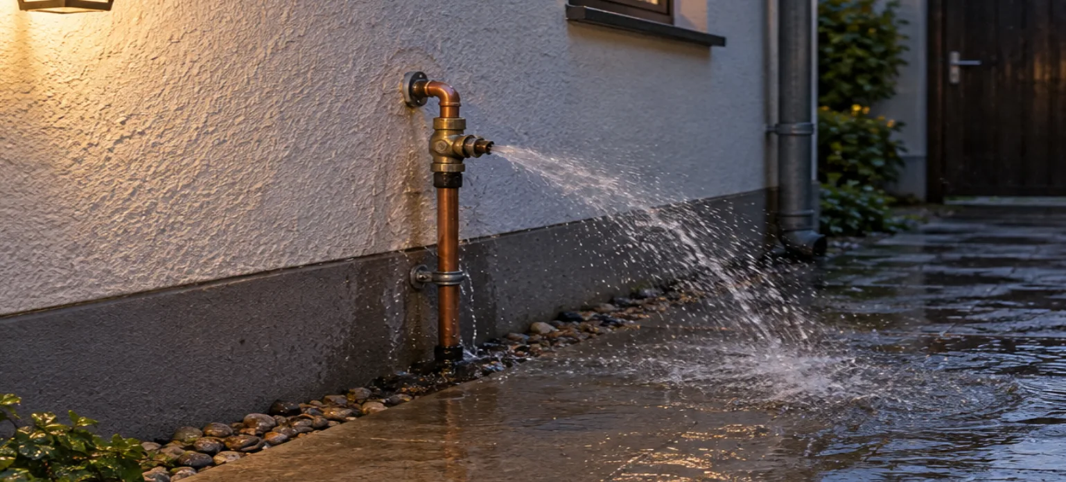 Undichter Außenwasserhahn mit austretendem Wasser